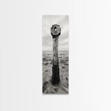 Driftwood Totem, Coastal Pillar, Ocean Beach Monochrome, Framed Canvas Print, Rustic Wall Art, Boho Bedroom Decor, Nature Photography