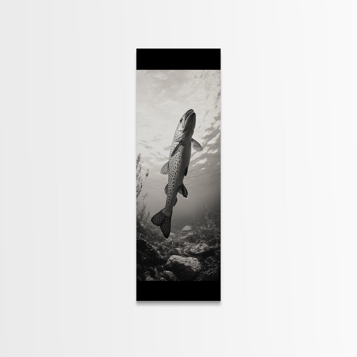 Rising Trout, Underwater Fish, Nature Close-Up, Canvas Print, Cabin Wall Art, Rustic Decor, Fishing Lover Gift, Black and White Art