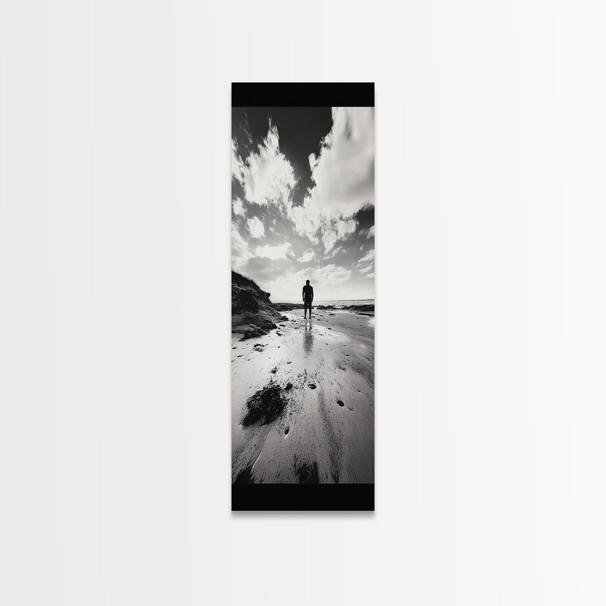 Lone Beach Walker, Dramatic Sky, Ocean Reflections, Solitude Moment, Framed Canvas Print, Hallway Wall Art, Moody Minimalist Decor