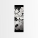 Lone Beach Walker, Dramatic Sky, Ocean Reflections, Solitude Moment, Framed Canvas Print, Hallway Wall Art, Moody Minimalist Decor