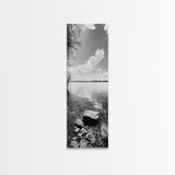 Peaceful Lake, Cloud Reflection, Shoreline Stones, Framed Canvas Print, Guest Room Wall Art, Nature Inspired Decor, Minimalist Landscape
