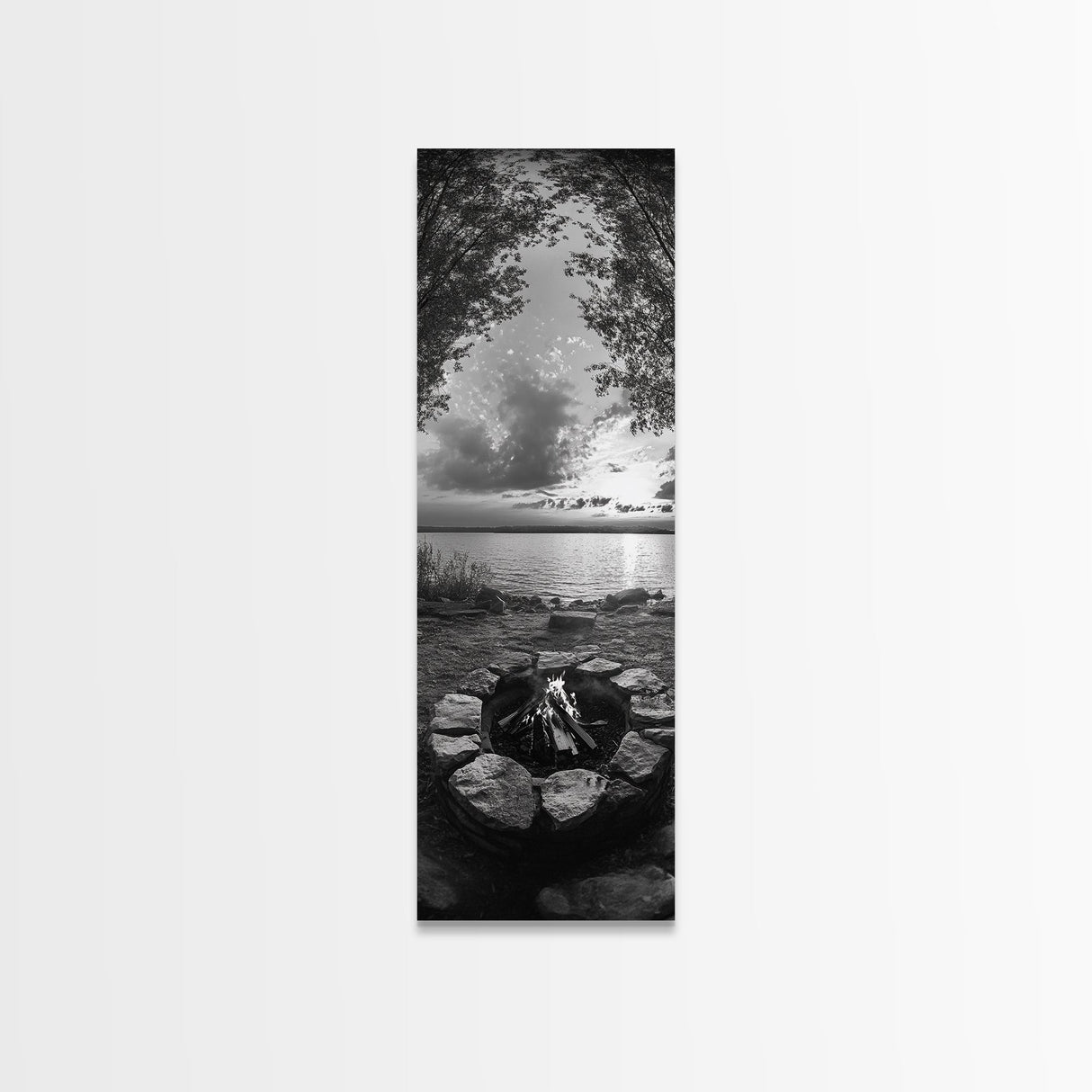 Campfire Sunset, Autumn Gathering, Fireside Evening, Lake Horizon, Framed Canvas Print, Fall Decor, Cabin Living Room Wall Art, Nature Lodge Print