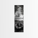 Campfire Sunset, Autumn Gathering, Fireside Evening, Lake Horizon, Framed Canvas Print, Fall Decor, Cabin Living Room Wall Art, Nature Lodge Print