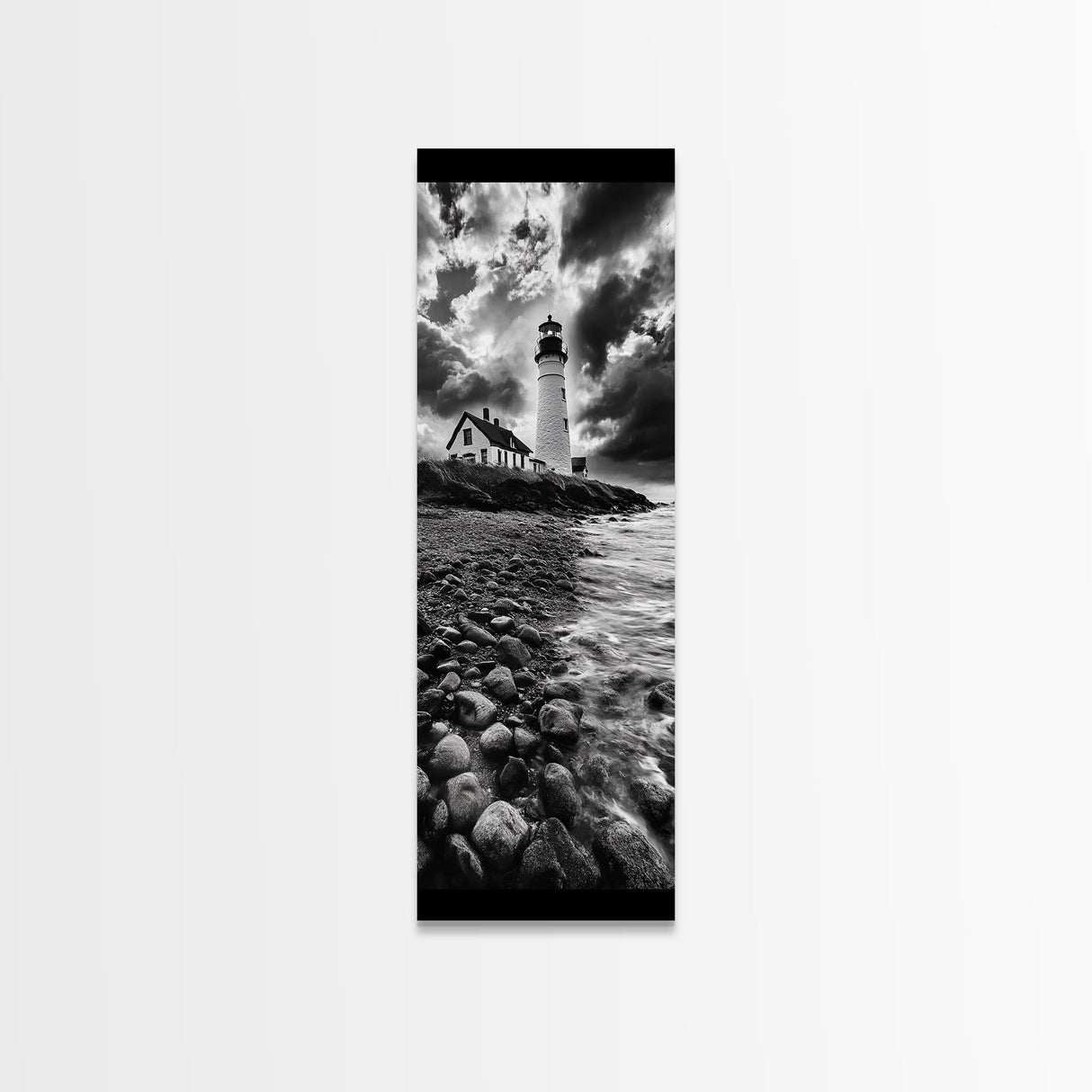 Lighthouse Drama, Coastal Storm, Rocky Shoreline Scene, Moody Ocean Sky, Framed Canvas Print, Nautical Living Room Wall Art, Black White Art