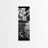 Lighthouse Drama, Coastal Storm, Rocky Shoreline Scene, Moody Ocean Sky, Framed Canvas Print, Nautical Living Room Wall Art, Black White Art