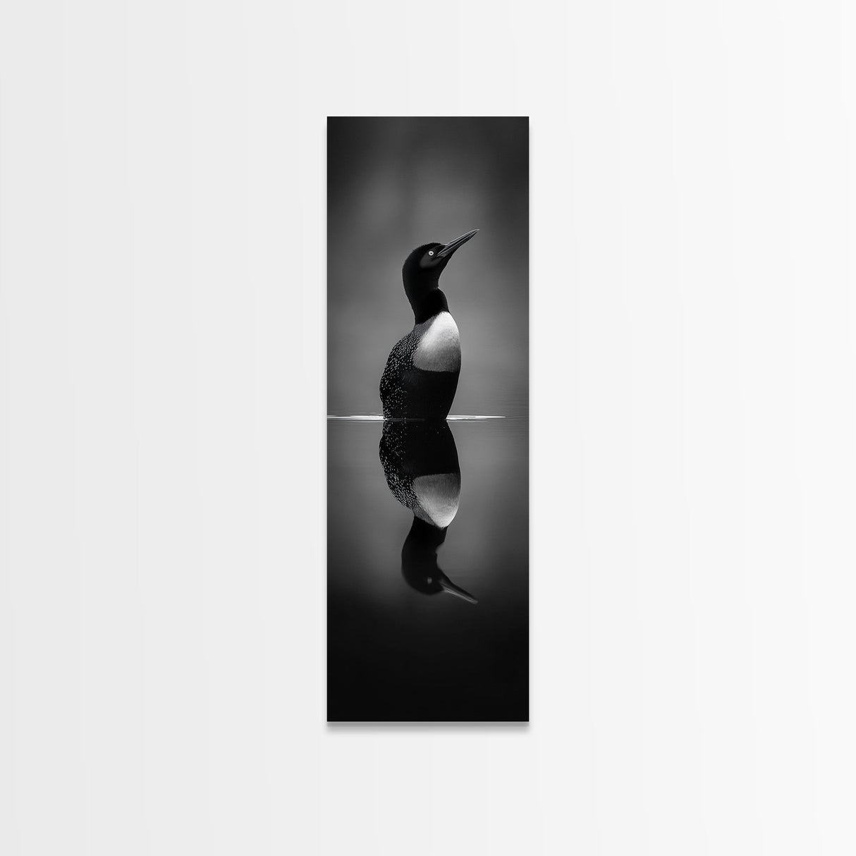 Reflected Loon, Lake Silence, Bird Mirror, Wildlife Art, Moody Black White Framed Canvas Print, Study Nature Wall Decor Minimalist Style