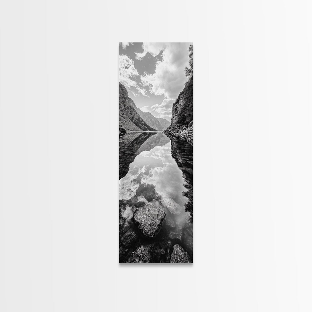 Reflective Lake, Cloud Mirror, Mountain Calm, Canvas Print, Serene Bedroom Wall Art, Nature Tranquility, Scandinavian Landscape Style