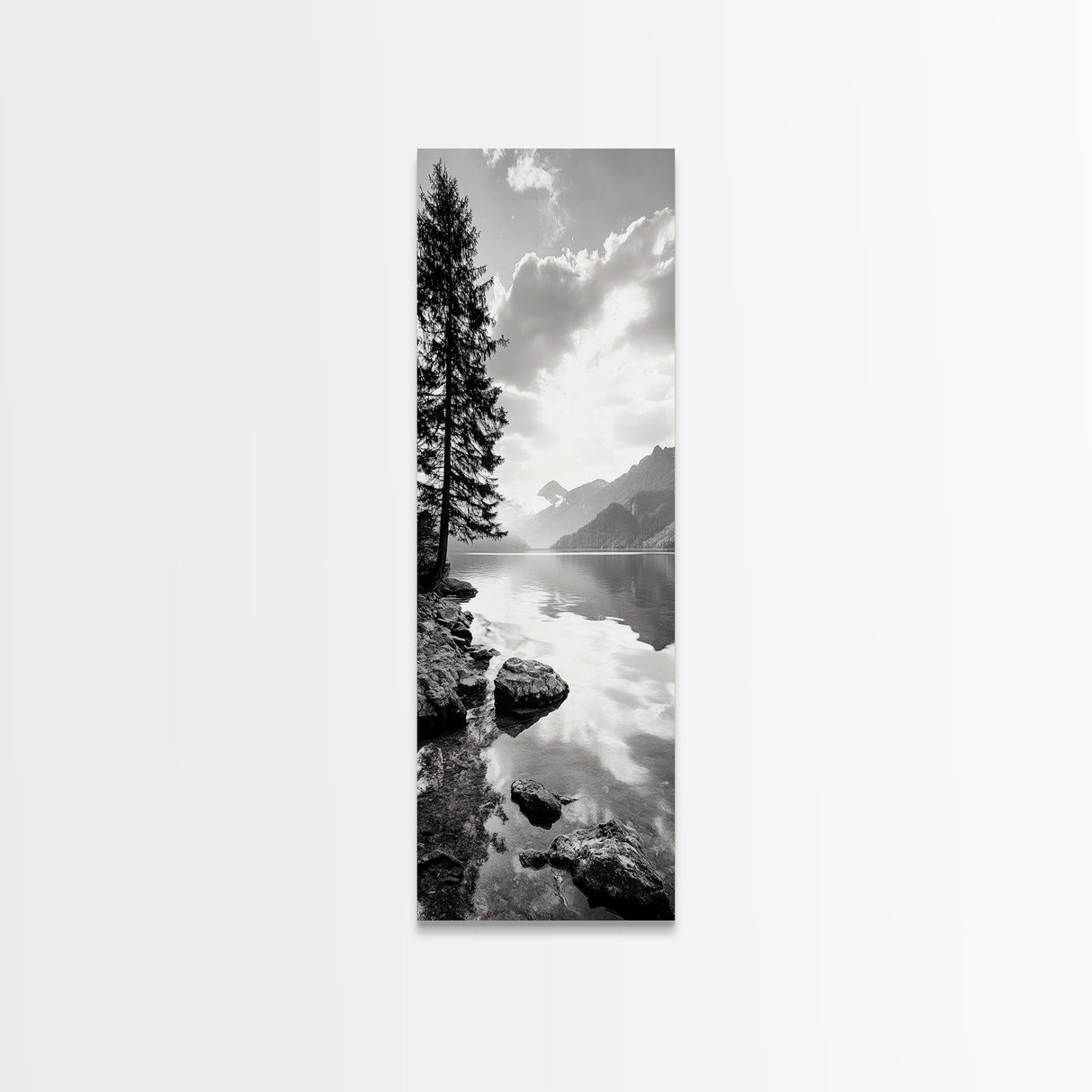 Mountain Lake Peace, Still Water View, Nature Escape, Framed Canvas Print, Living Room Wall Art, Nordic Cabin Decor, Minimal Landscape