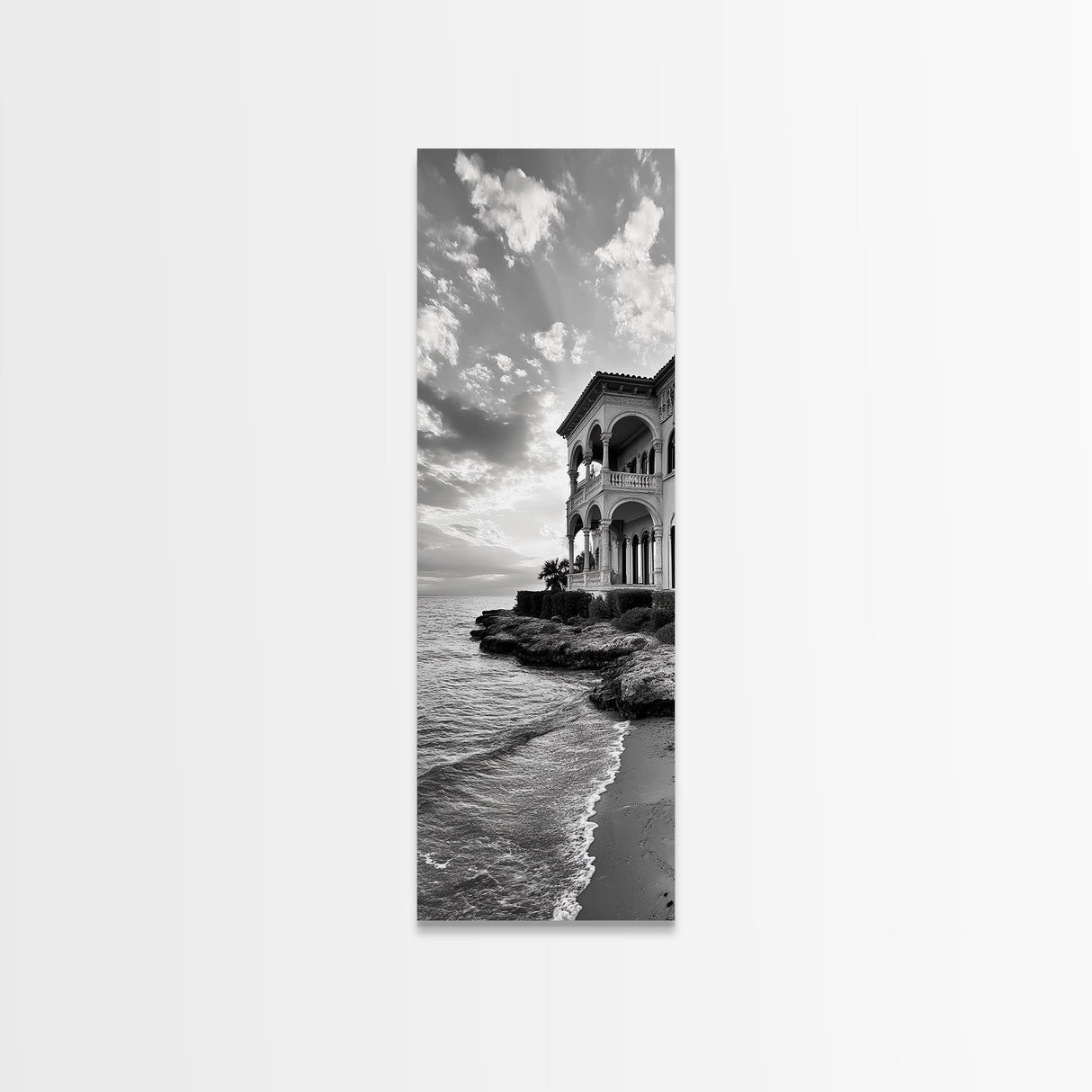 Italian Villa Coast, Seaside Architecture Print, Elegant Travel Decor, Framed Canvas Print, Dining Room Wall Art, Monochrome