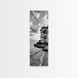 Italian Villa Coast, Seaside Architecture Print, Elegant Travel Decor, Framed Canvas Print, Dining Room Wall Art, Monochrome