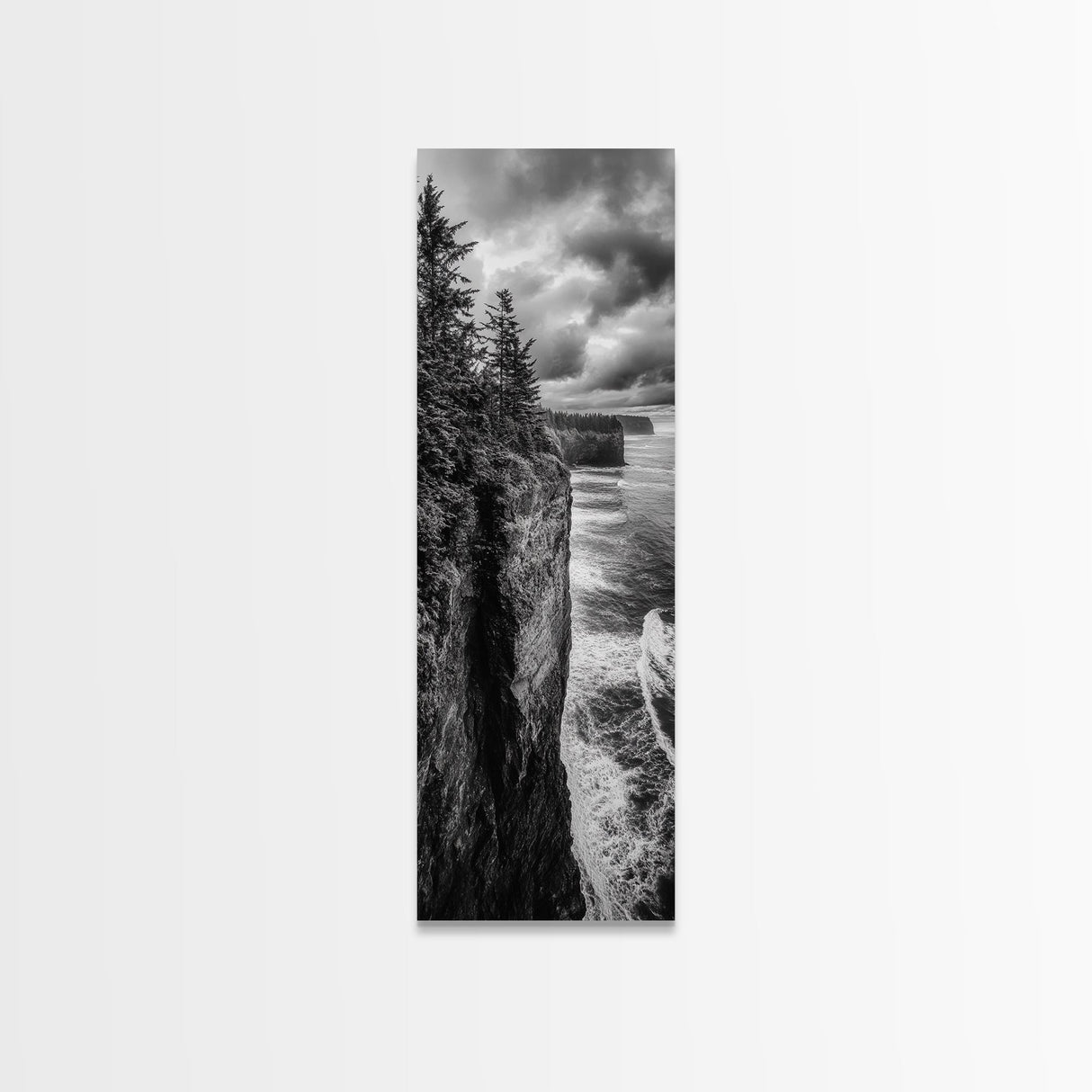 Cliff Coastline, Moody Ocean, Pine Trees, Dramatic Nature Scene, Canvas Print, Cabin Wall Art, Fall Coastal Photography, Rustic Decor