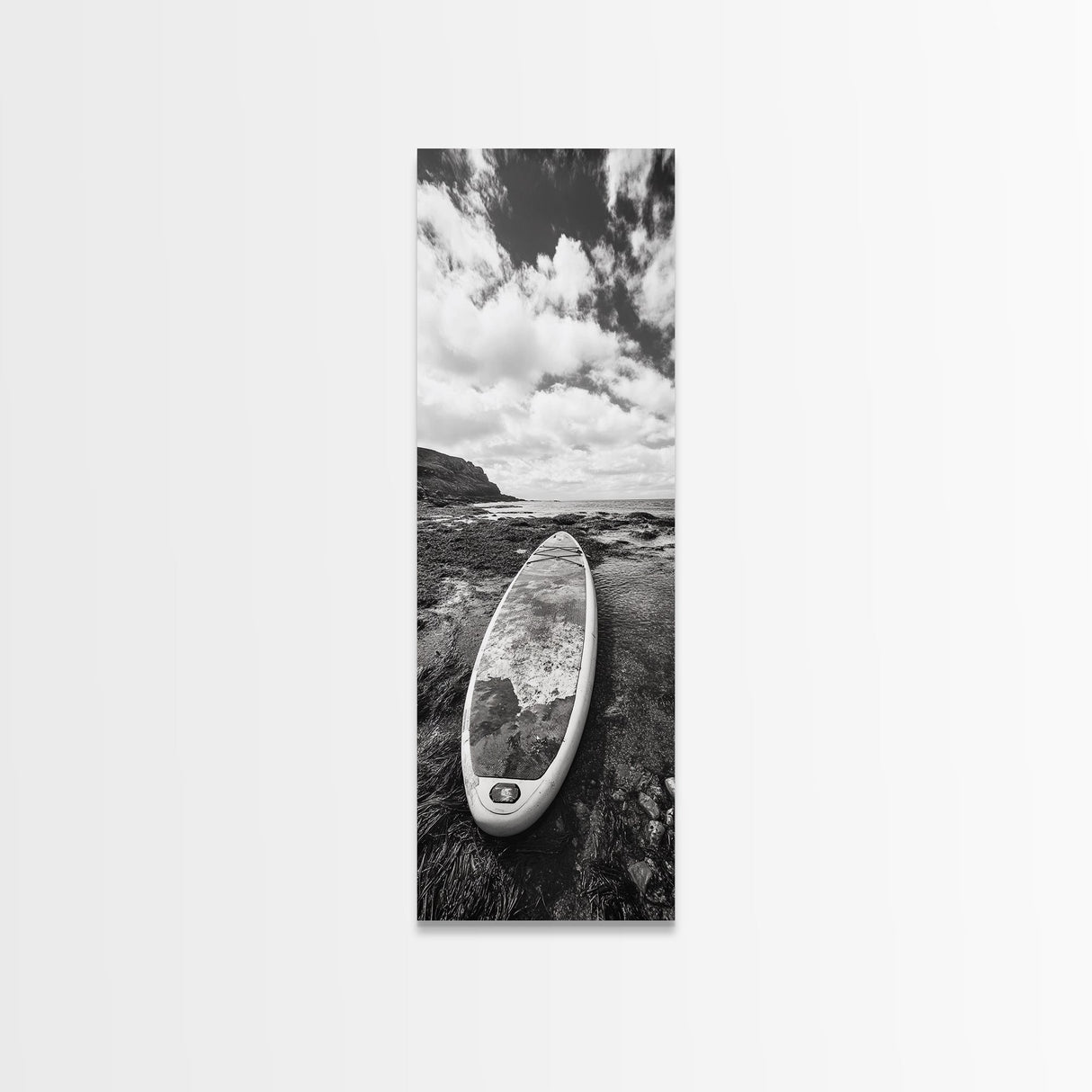 Surfboard Still, Rocky Shore, Beach Vibes, Framed Canvas Print, Coastal Bathroom Wall Art, Minimalist Beach Decor, Summer Style