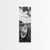 Surfboard Still, Rocky Shore, Beach Vibes, Framed Canvas Print, Coastal Bathroom Wall Art, Minimalist Beach Decor, Summer Style