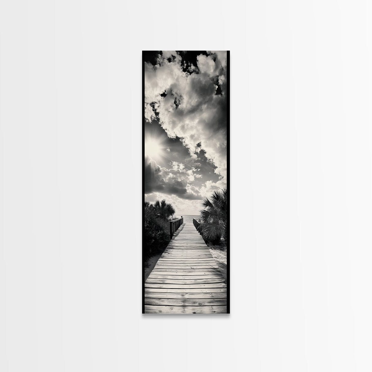 Boardwalk Path, Coastal Sunset, Palm Trees, Framed Canvas Print, Beach Walkway Wall Art, Entryway or Living Room Coastal Decor