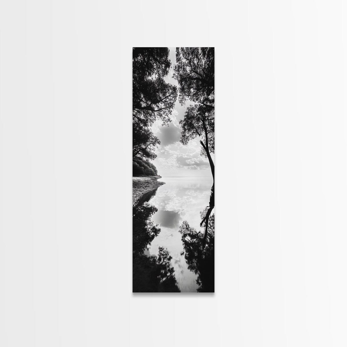 Misty Lake, Nature Reflection, Tranquil Waters, Monochrome Trees, Framed Canvas Print, Minimalist Wall Art, Bathroom or Hallway Decor