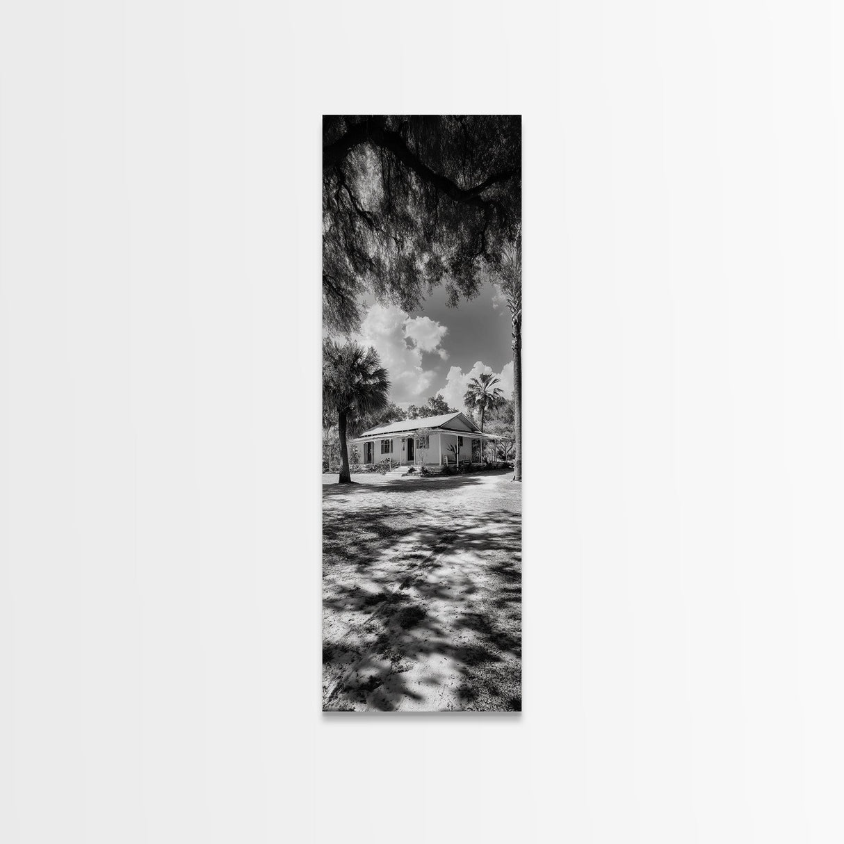 Tropical House, Palm Trees, Bright Sky, Southern Charm, Framed Canvas Print, Living Room Wall Art, Modern Beach House Decor