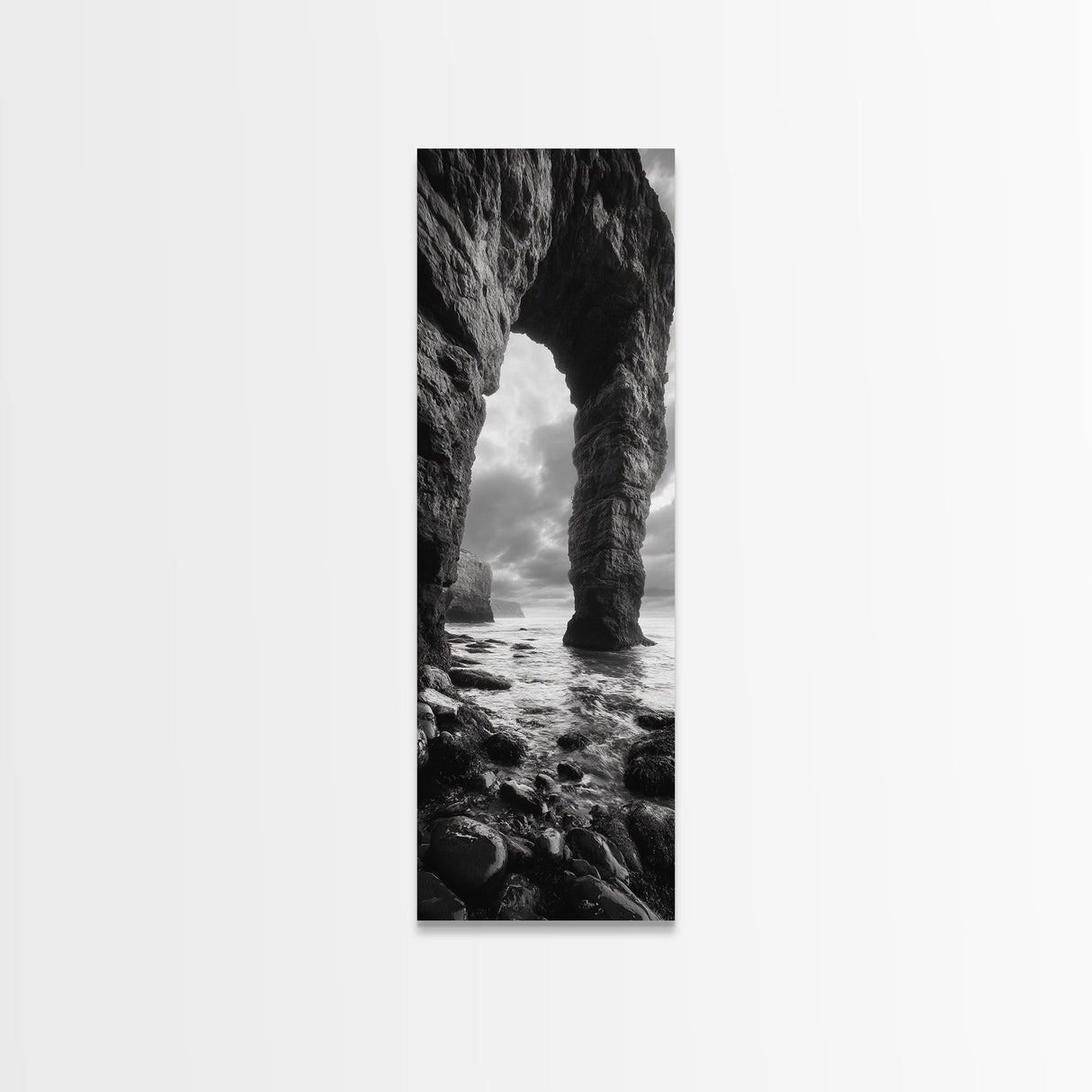 Sea Arch, Coastal Rocks, Ocean Waves, Dramatic Sky, Framed Canvas Print, Coastal Wall Art, Minimalist Beach House Decor, Bedroom Artwork