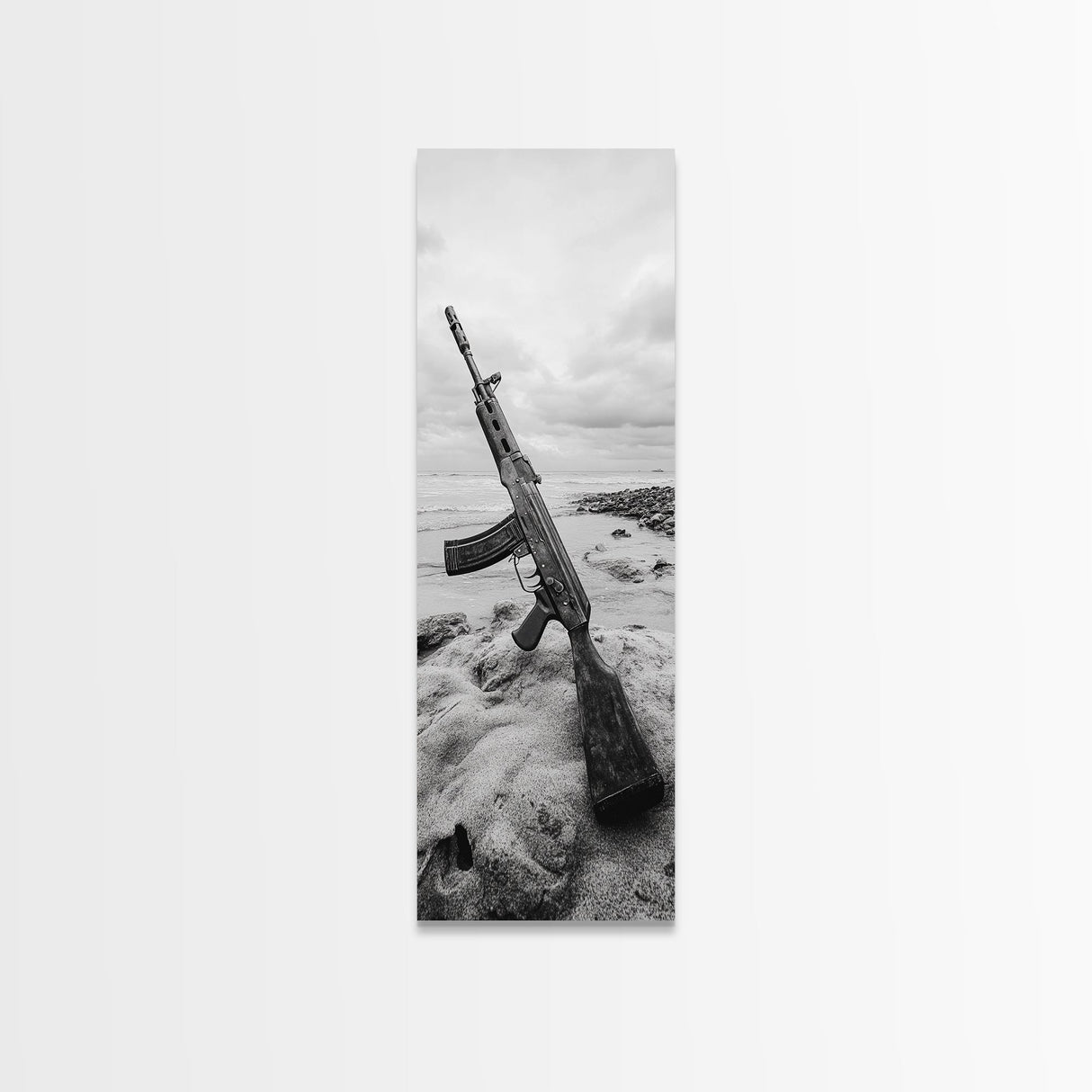 War Relic, AK Rifle, Surreal Beach Scene, Framed Canvas Print, Bold Statement Art, Bachelor Pad or Office Decor, Rustic Industrial Style