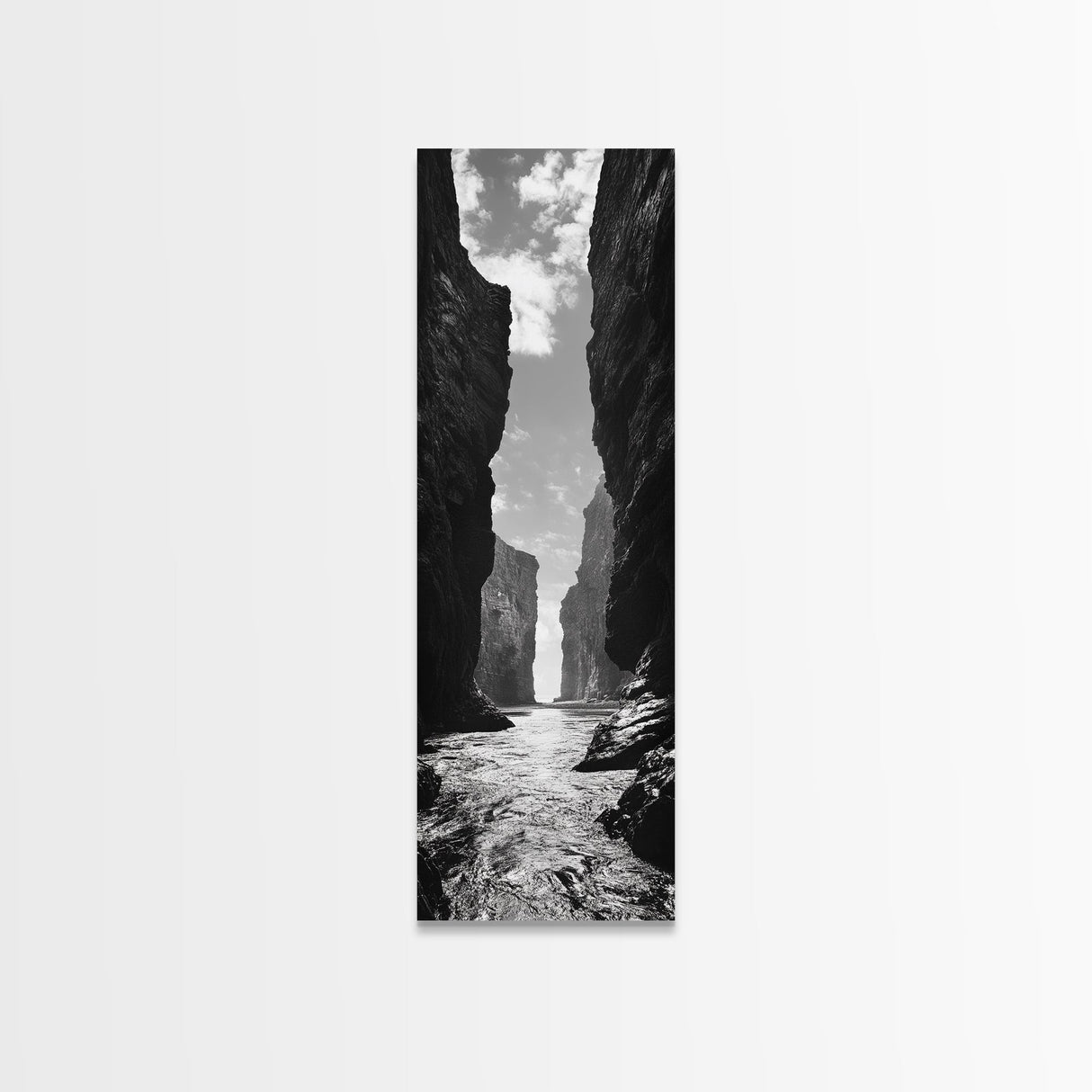 Coastal Canyon, Ocean Passage, Black White Art, Vertical Nature Scene, Framed Canvas Print Entryway Wall Art, Landscape Minimalist Decor