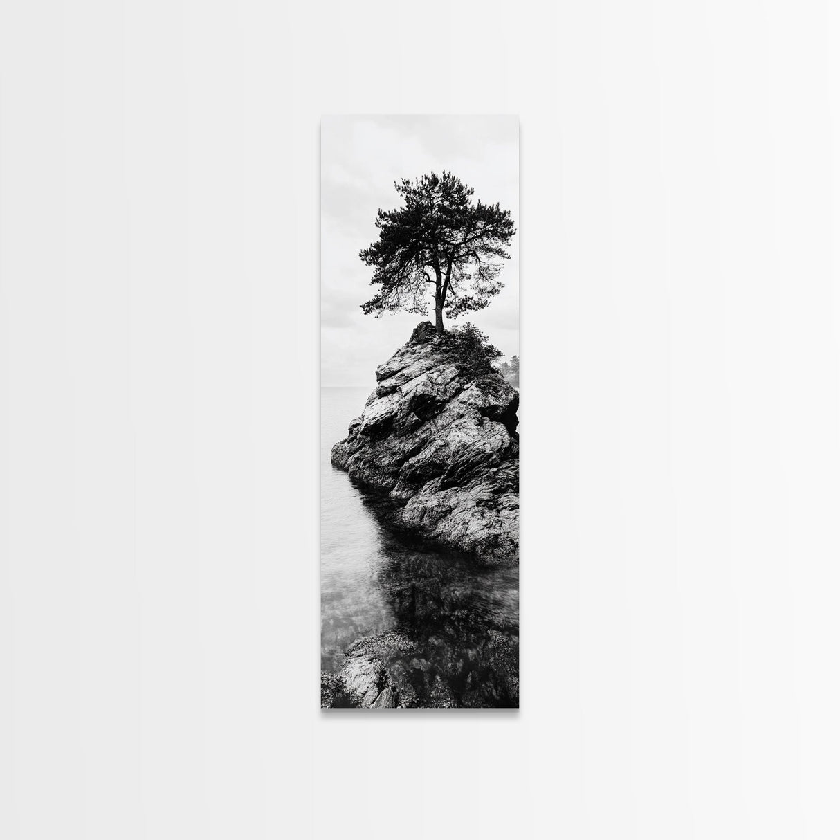 Lone Tree, Rock Island, Tranquil Coast, Nature Strength, Framed Canvas Print Cabin Wall Art, Minimalist Tree Print, Nordic Nature Living Room Decor