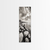 Sunrise Shore, Tranquil Coast, Pebble Beach, Golden Glow, Framed Canvas Print Fall Wall Art, Landscape Living Room Decor, Minimalist Aesthetic