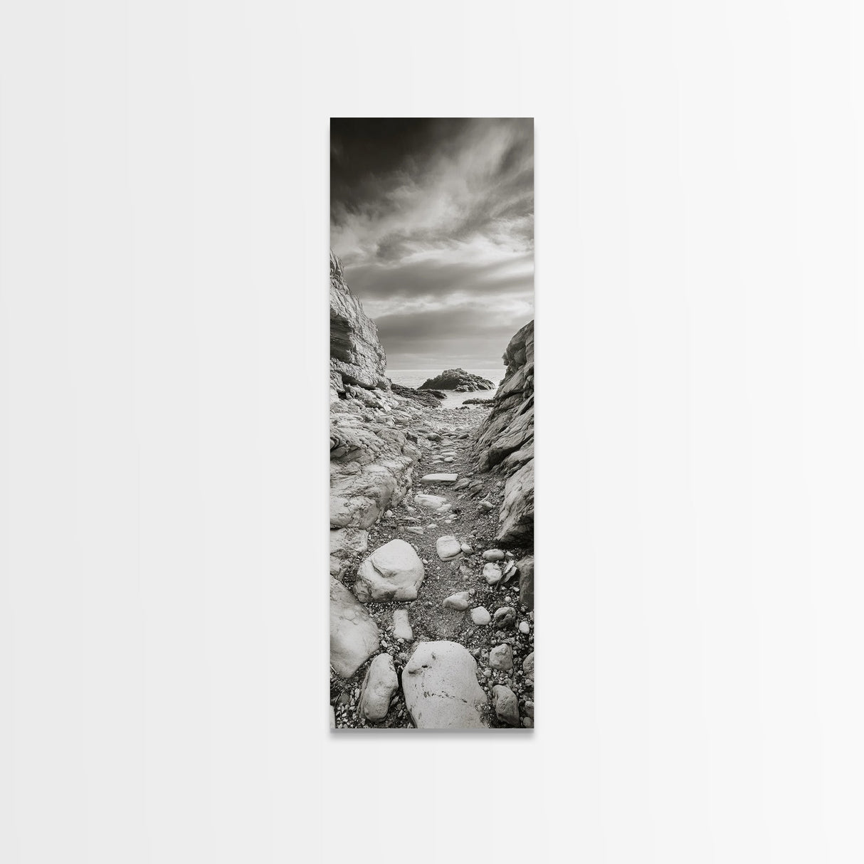 Rocky Coast Path, Serene Ocean View, Minimalist Nature, Framed Canvas Print, Neutral Tones, Beach Art, Hallway Wall Decor, Coastal Home Vibe