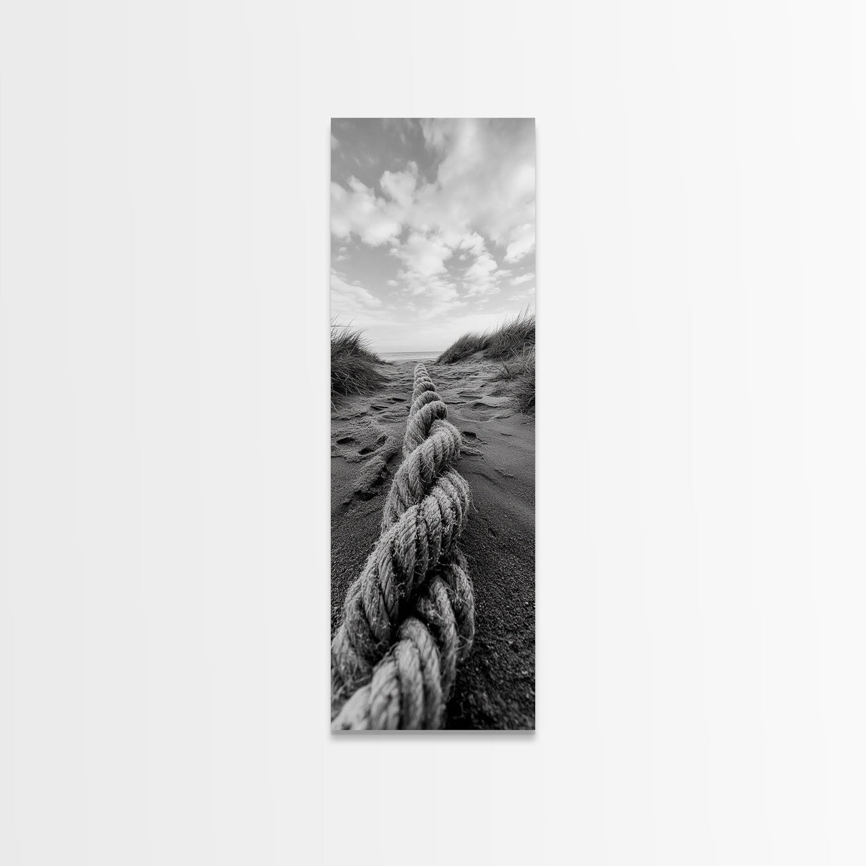 Rope in Sand, Beach Path Perspective, Coastal Journey, Framed Canvas Print, Bathroom Wall Art, Seaside Style, Minimalist Nautical Scene