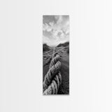 Rope in Sand, Beach Path Perspective, Coastal Journey, Framed Canvas Print, Bathroom Wall Art, Seaside Style, Minimalist Nautical Scene