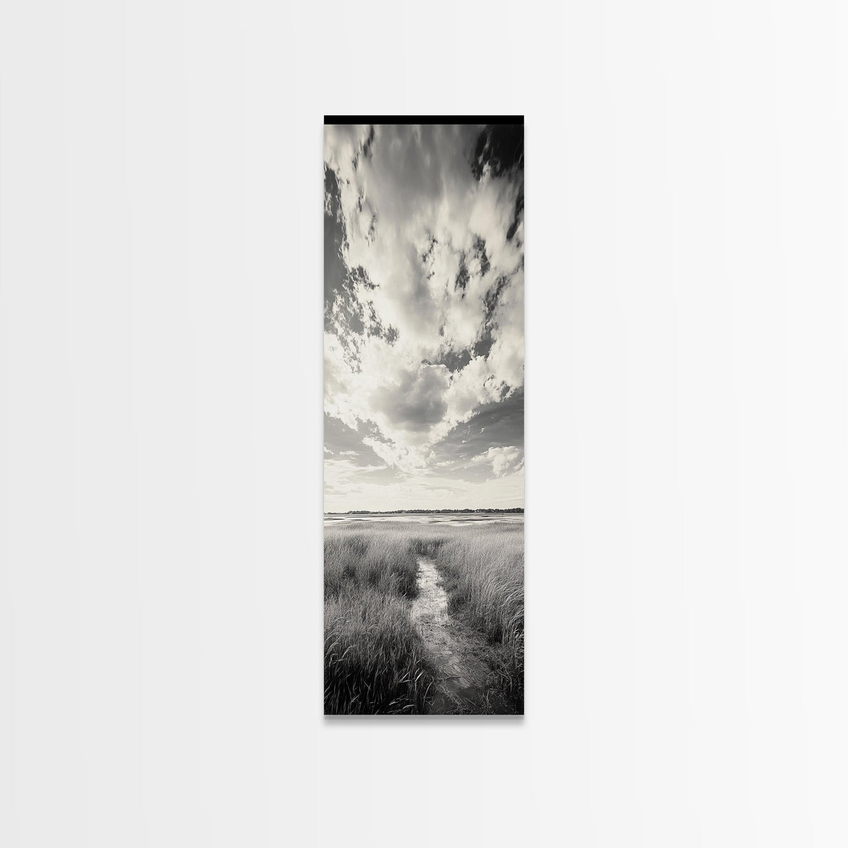 Marshland Pathway, Coastal Grassland Art, Nature Wall Decor, Calm Landscape Style, Framed Canvas Print, Neutral Tones Minimalist