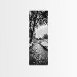 Peaceful Creek, Snow Trees, Winter Flow, Framed Canvas Print, Rustic Nature Art, Farmhouse Wall Decor, Serene Entryway Accent, Bedroom Decor
