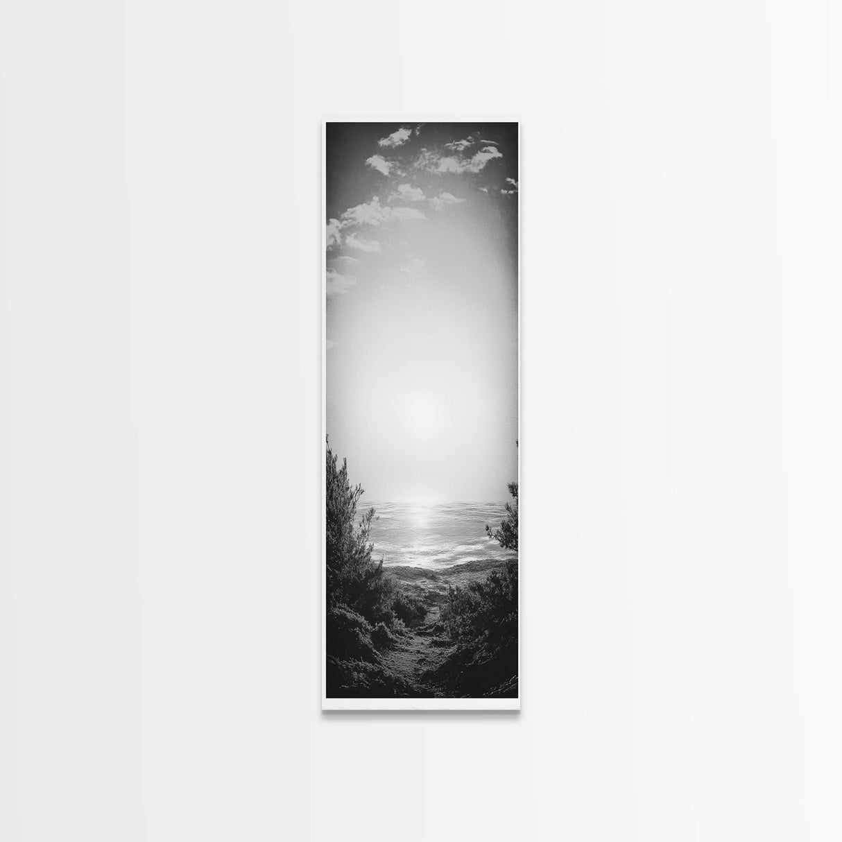 Horizon Glow, Ocean Sunset, Seaside Path, Tranquil Evening Framed Canvas Print, Nature Inspired Bedroom Wall Art, Zen Minimalist Decor