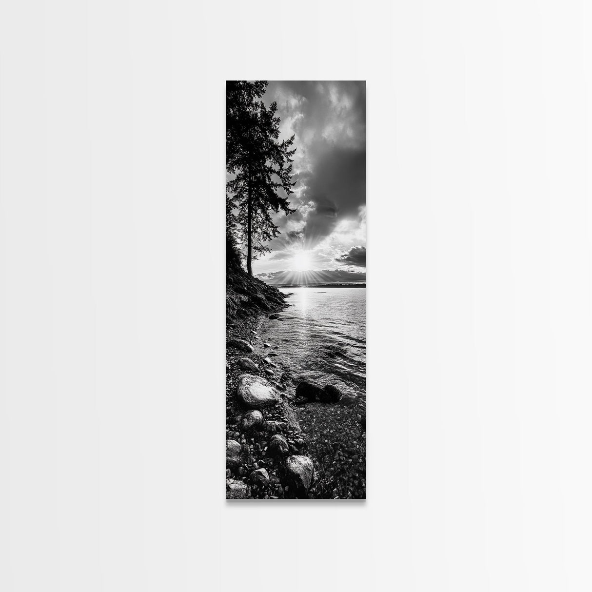 Tree Shoreline, Tranquil Water, Sunset Reflection, Peaceful Horizon, Framed Canvas Print, Nature Photography, Cabin Wall Art