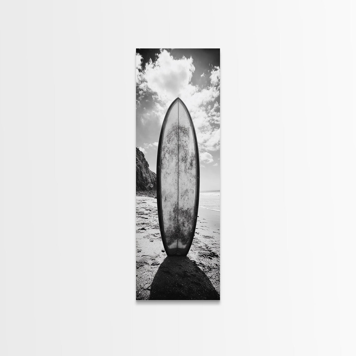 Surfboard Vertical, Sandy Beach, Coastal Rocks, Ocean Horizon, Framed Canvas Print, Surf Art, Dorm Room Decor, Tropical Vibe