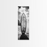 Surfboard Vertical, Sandy Beach, Coastal Rocks, Ocean Horizon, Framed Canvas Print, Surf Art, Dorm Room Decor, Tropical Vibe