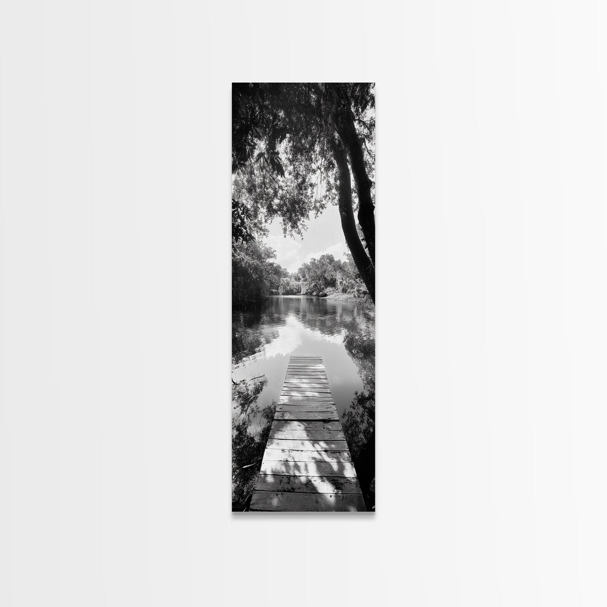 Tranquil Dock, Lake Stillness, Nature Reflection, Forest Retreat, Framed Canvas Print, Cabin Wall Art, Rustic Style, Bedroom Decor