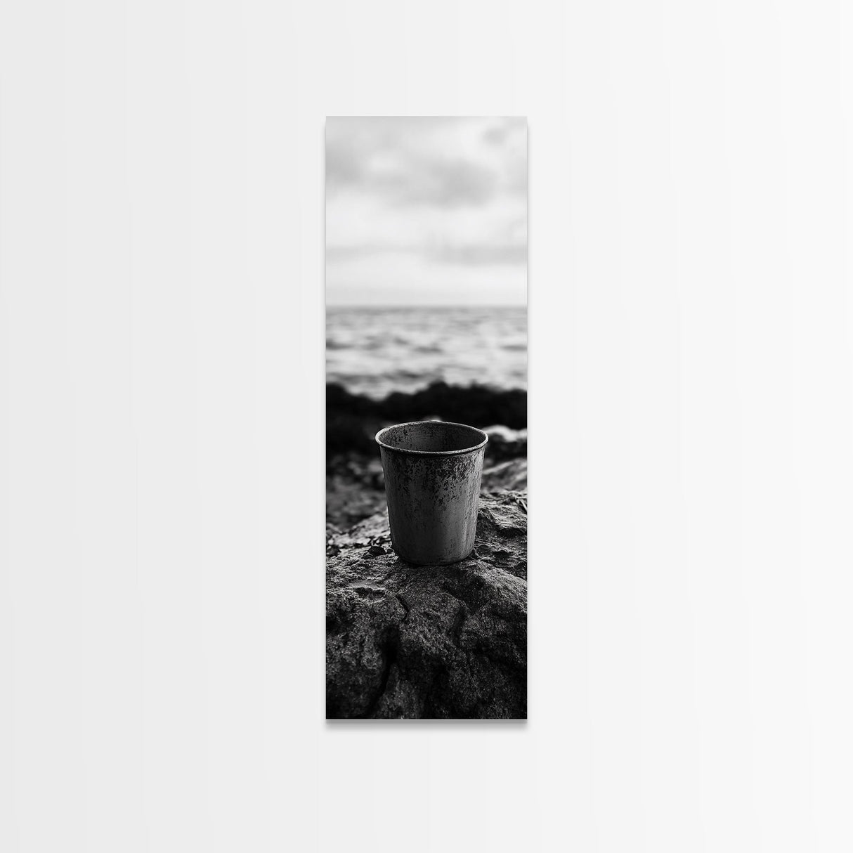 Metal Cup, Shoreline Still Life, Rustic Seaside, Canvas Print, Vintage Aesthetic, Coastal Kitchen Wall Art, Minimal Beach Mood