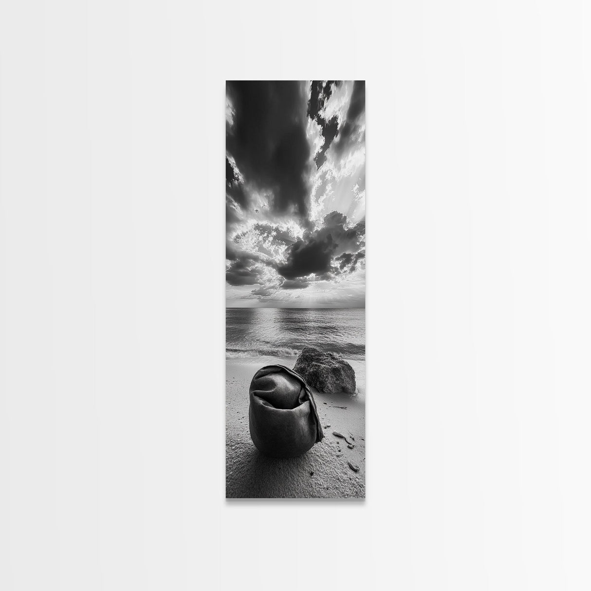Coastal Bag, Driftwood Rock, Stormy Sea, Framed Canvas Print, Moody Beach Wall Art, Minimalist Decor, Ocean Vibe Photography
