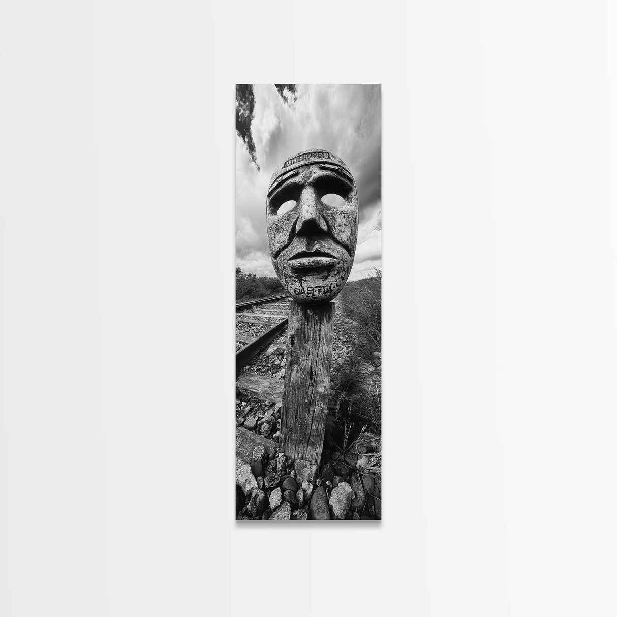 Tribal Mask, Railway Art, Abstract Face, Canvas Print, Surreal Wall Art, Eclectic Living Room Decor, Boho Urban Art, Monochrome Photography