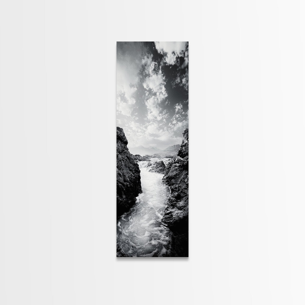 Waterfall Rocks, Mountain Mist, River Flow, Canvas Print, Black And White Landscape Art, Nature Bedroom Decor, Zen Retreat Wall Piece