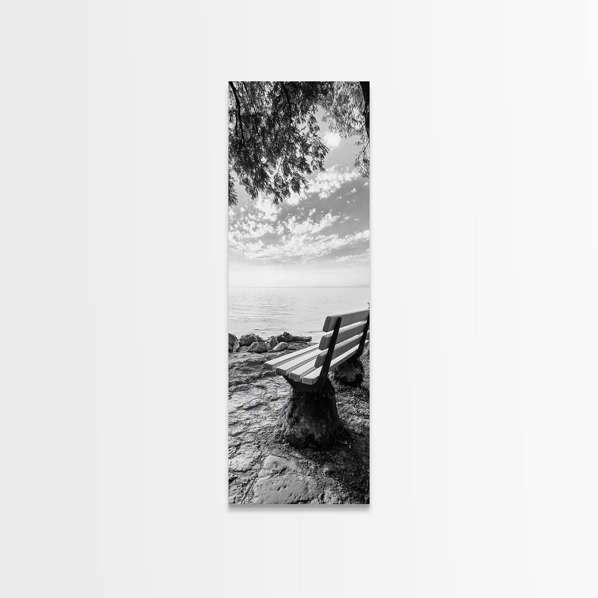 Lakeside Bench View, Peaceful Nature Scene, Tranquil Reflection Print, Minimalist Wall Decor, Zen Office Art, Framed Canvas Print