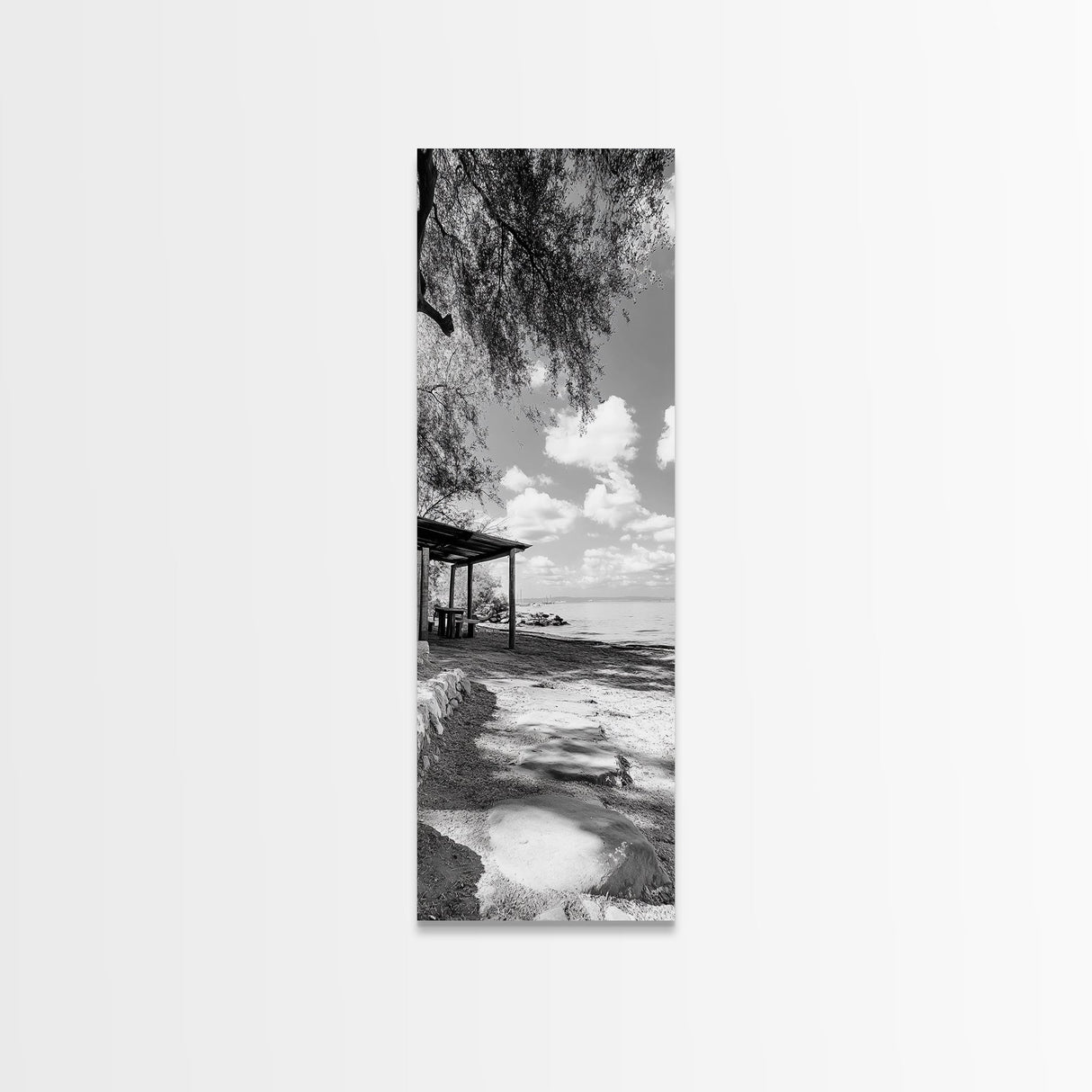 Coastal Bench, Ocean Peace, Nature Retreat, Minimal Landscape, Canvas Print, Zen Wall Art, Bedroom or Entryway Decor, Calm Beach Scene
