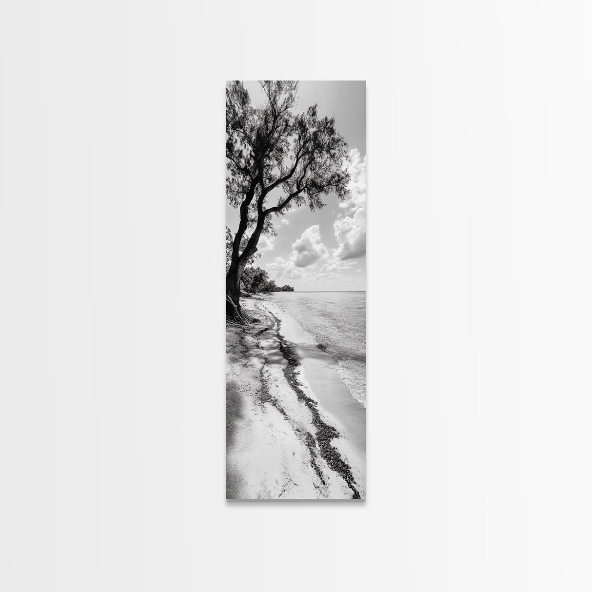 Serene Beach Tree, Calm Ocean Coast, Black White Shoreline, Framed Canvas Print, Coastal Entryway Decor, Minimal Nature Wall Art