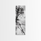 Serene Beach Tree, Calm Ocean Coast, Black White Shoreline, Framed Canvas Print, Coastal Entryway Decor, Minimal Nature Wall Art