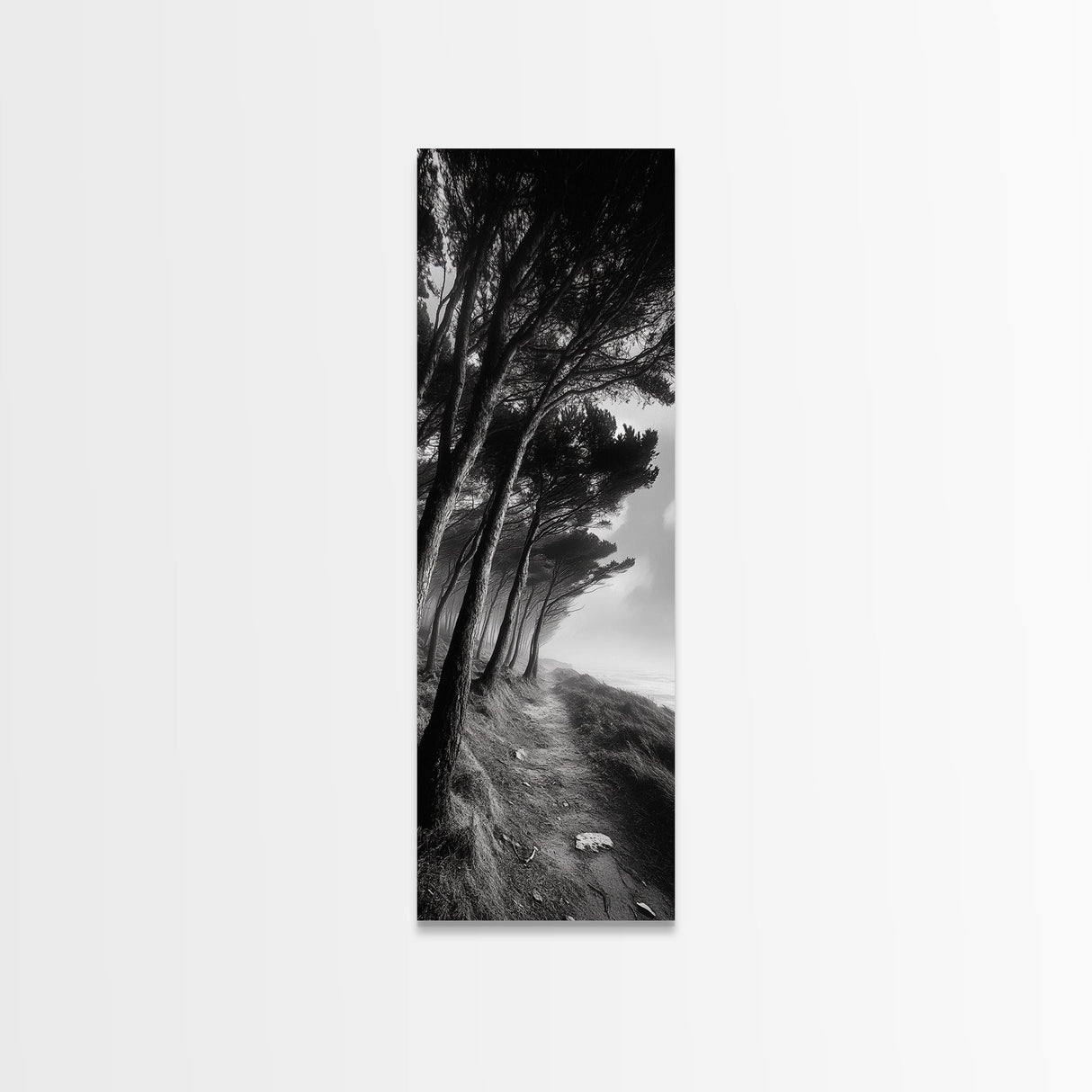 Windy Forest Trail, Dark Coastal Trees, Atmospheric Nature, Framed Canvas Print, Fall Living Room Wall Art, Moody Landscape Aesthetic