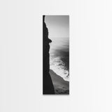 Cliffside Waves, Coastal Edge, Monochrome Serenity, Ocean Drama, Canvas Print, Moody Minimalist Art, Bathroom Art, Living Room Decor