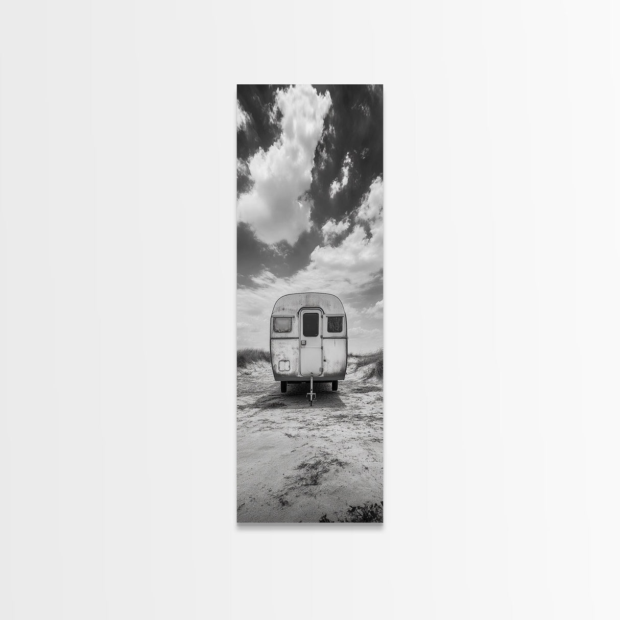 Vintage Camper, Cloudy Sky, Wanderlust Life, Desert Minimalism, Framed Canvas Print, Retro Travel Wall Art, Boho Bedroom Print, Office Art