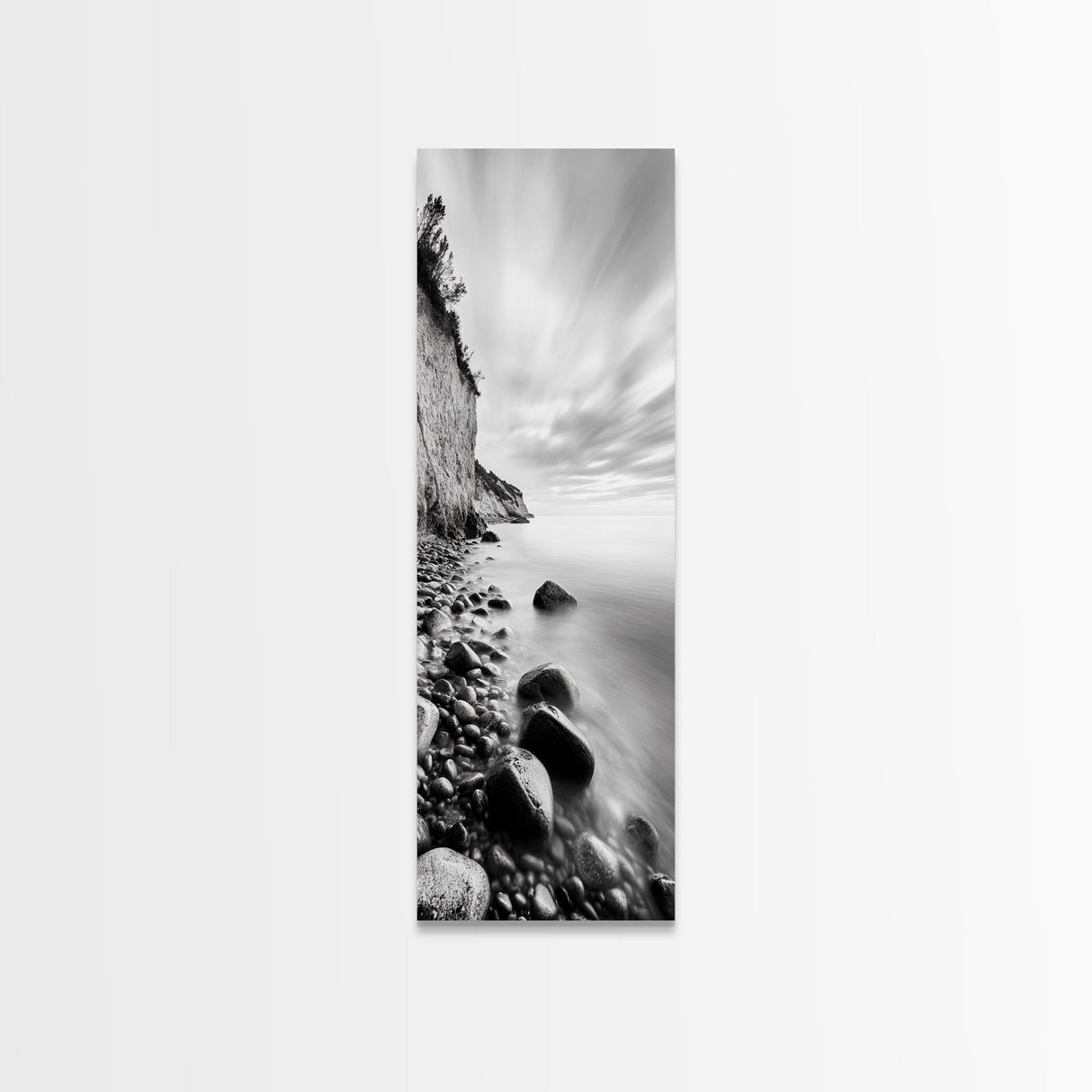 Rocky Shoreline, Coastal Calm, Seaside Mist, Canvas Print, Black White Minimalist Wall Art, Serene Bedroom or Bathroom Decor