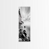 Rocky Shoreline, Coastal Calm, Seaside Mist, Canvas Print, Black White Minimalist Wall Art, Serene Bedroom or Bathroom Decor