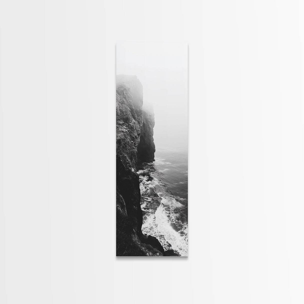 Foggy Cliffs, Moody Coast, Dramatic Seascape, Framed Canvas Print, Modern Dark Aesthetic Art, Minimalist Living Room Wall Decor