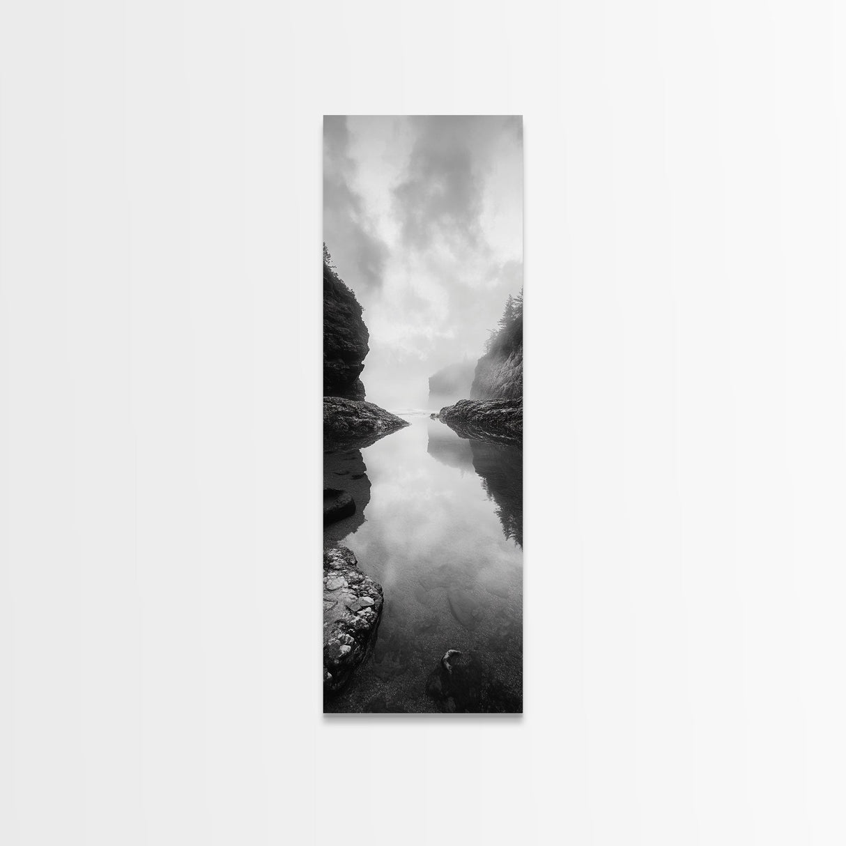 Misty Inlet, Rocky Shoreline, Tranquil Waters, Canvas Print, Moody Landscape Photography, Living Room Art, Nature Inspired Decor